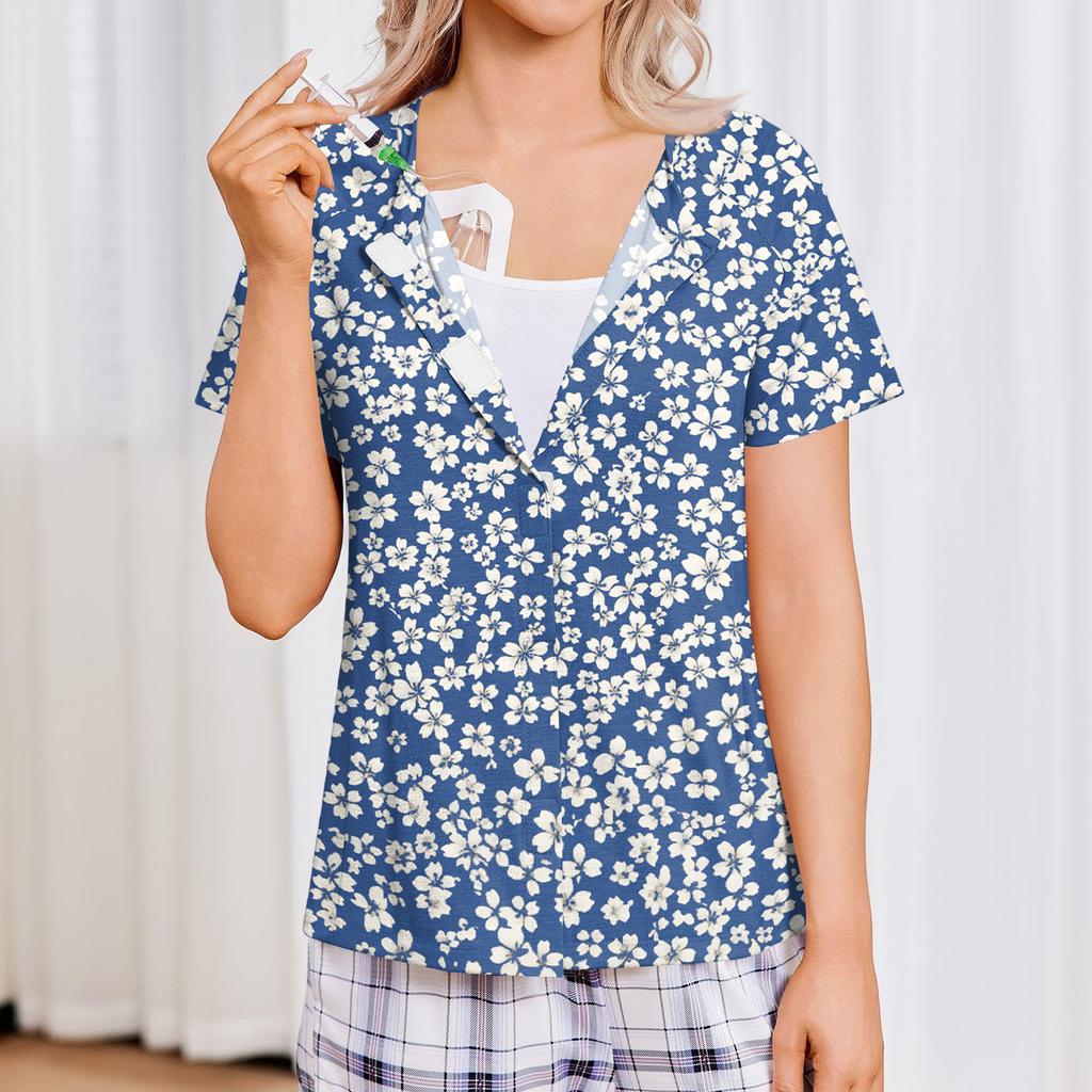 Women's Post-operative Short-sleeved  Color Shirt With Four Pockets
