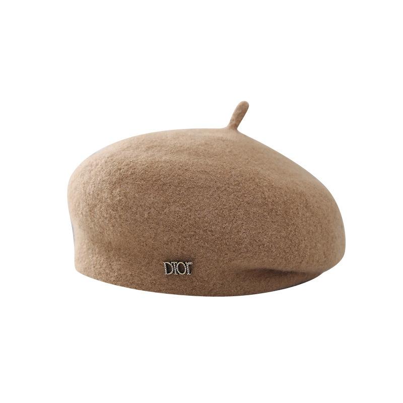 Wool Beret Women's Autumn and Winter Literary Pleated Edge Metal Letter Mark Retro Warm Pumpkin Hat