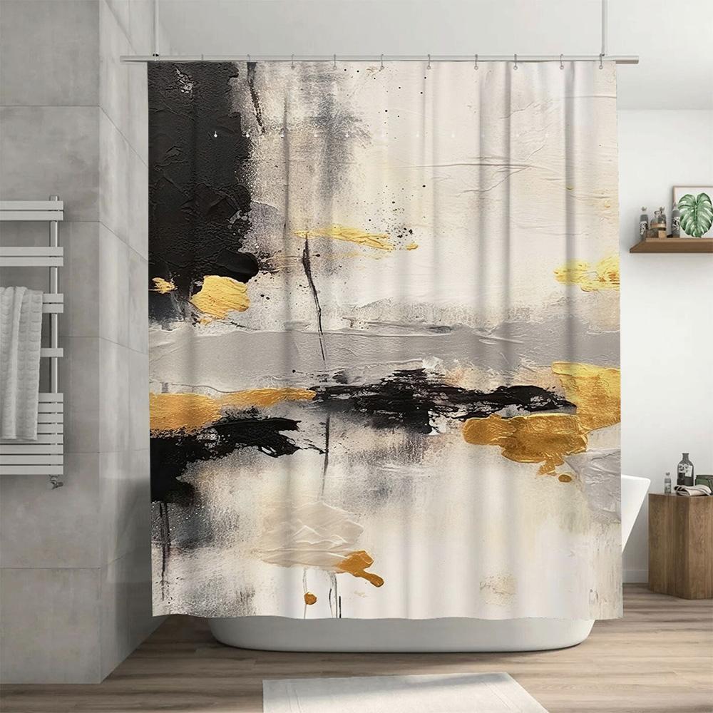 Artistic Black Gold Shower Curtain Set for Bathroom Decor Long Water Repellent Fabric Luxurious Home Decoration Items