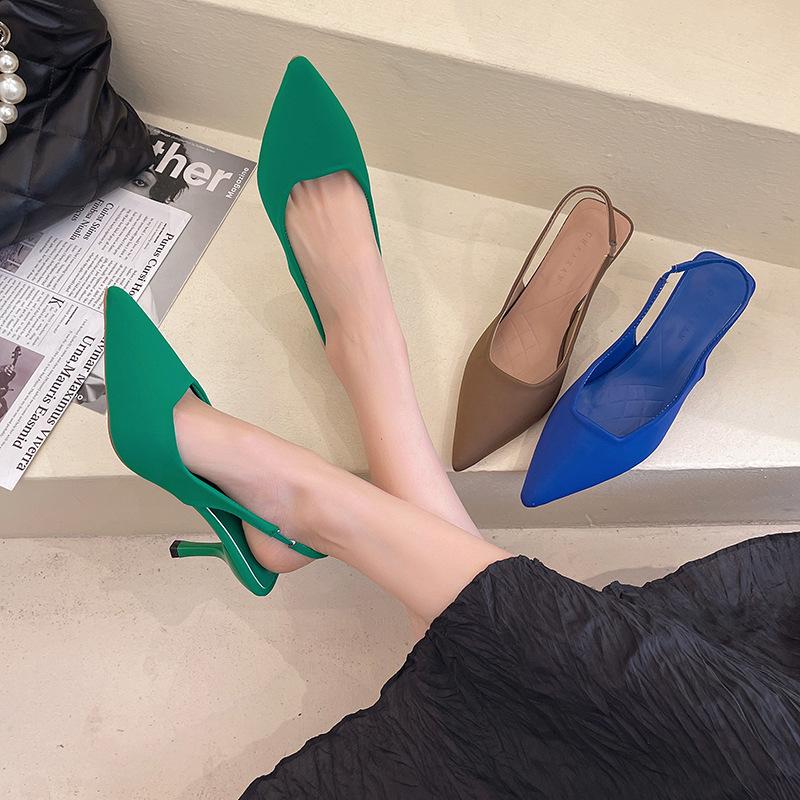 2025 spring new empty bag head sandals women's high heels green large size women's shoes pointed thin heel medium heel single shoes