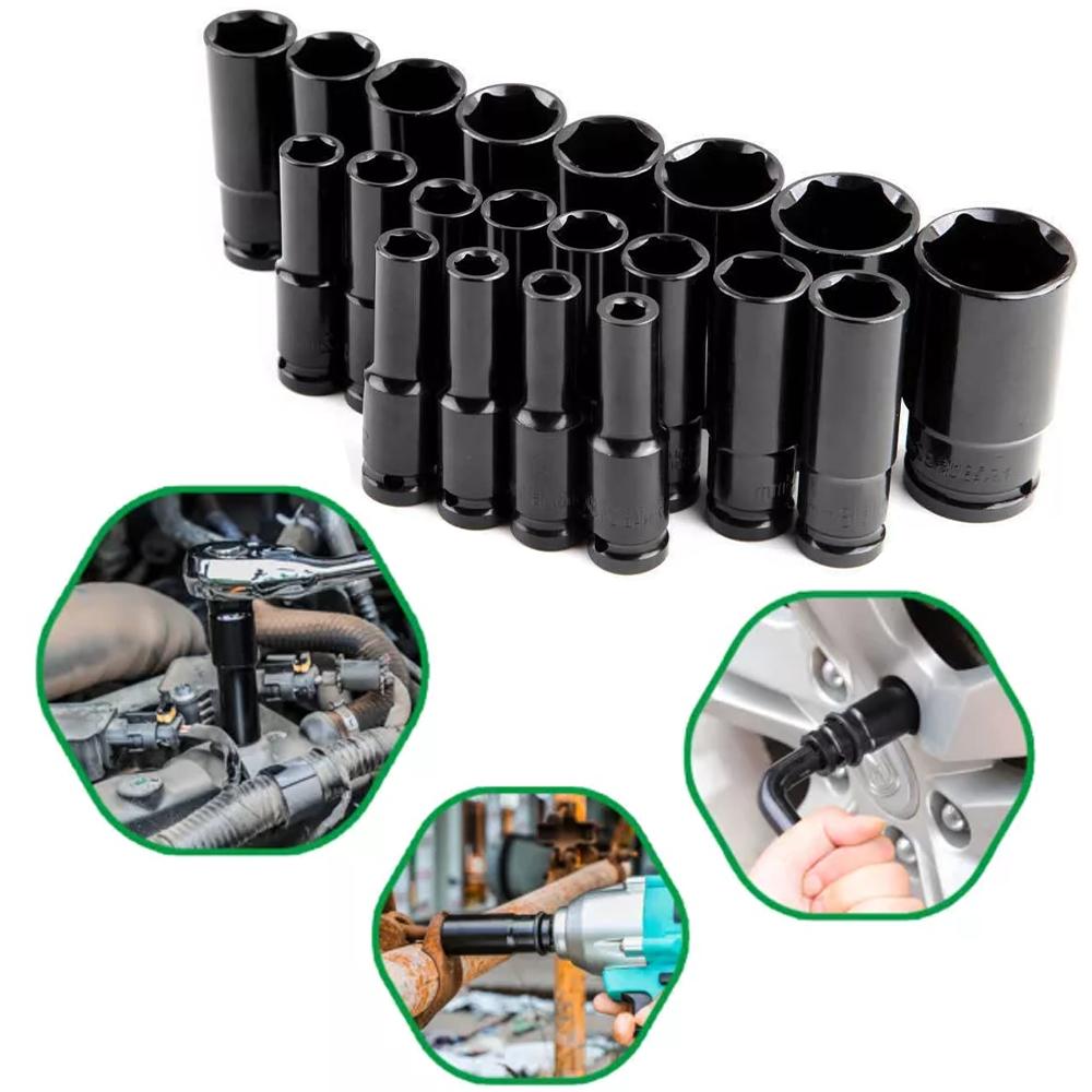 1/2” Impact Socket Set 20pcs Drive Hex Spanner Deep Sockets 8-32mm Pneumatic Wrench Head Tire Removal Tools