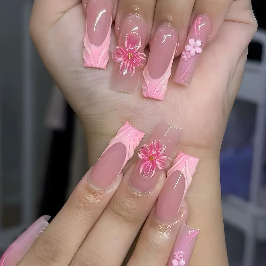 24Pcs Sweet Medium Square False Nails with Glue Blush Pink Flowers Fake Nails Full Cover French Acrylic Press On Nails for Girls