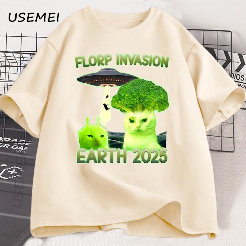 Funny Alien Brainrot Cat T-Shirt Broccoli Cat Printed Tshirt Cotton Short Sleeve Round Neck T Shirt Men's Clothes Streetwear