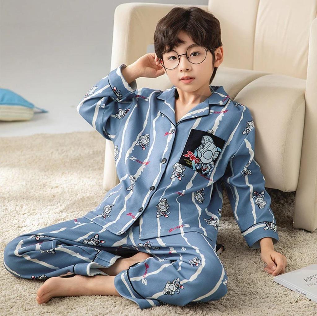 2026 Cotton Kids' Pajama Set: Long Sleeve Lapel Cardigan for Boys & Girls - Spring, Autumn, Winter