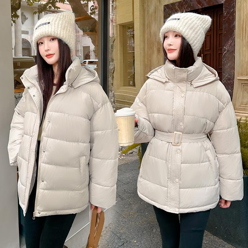 Women Autumn Winter Hooded Cotton Padded Jackets with Belt Solid Female Thin Windproof Puffer Coat Loose Snow Overcoat