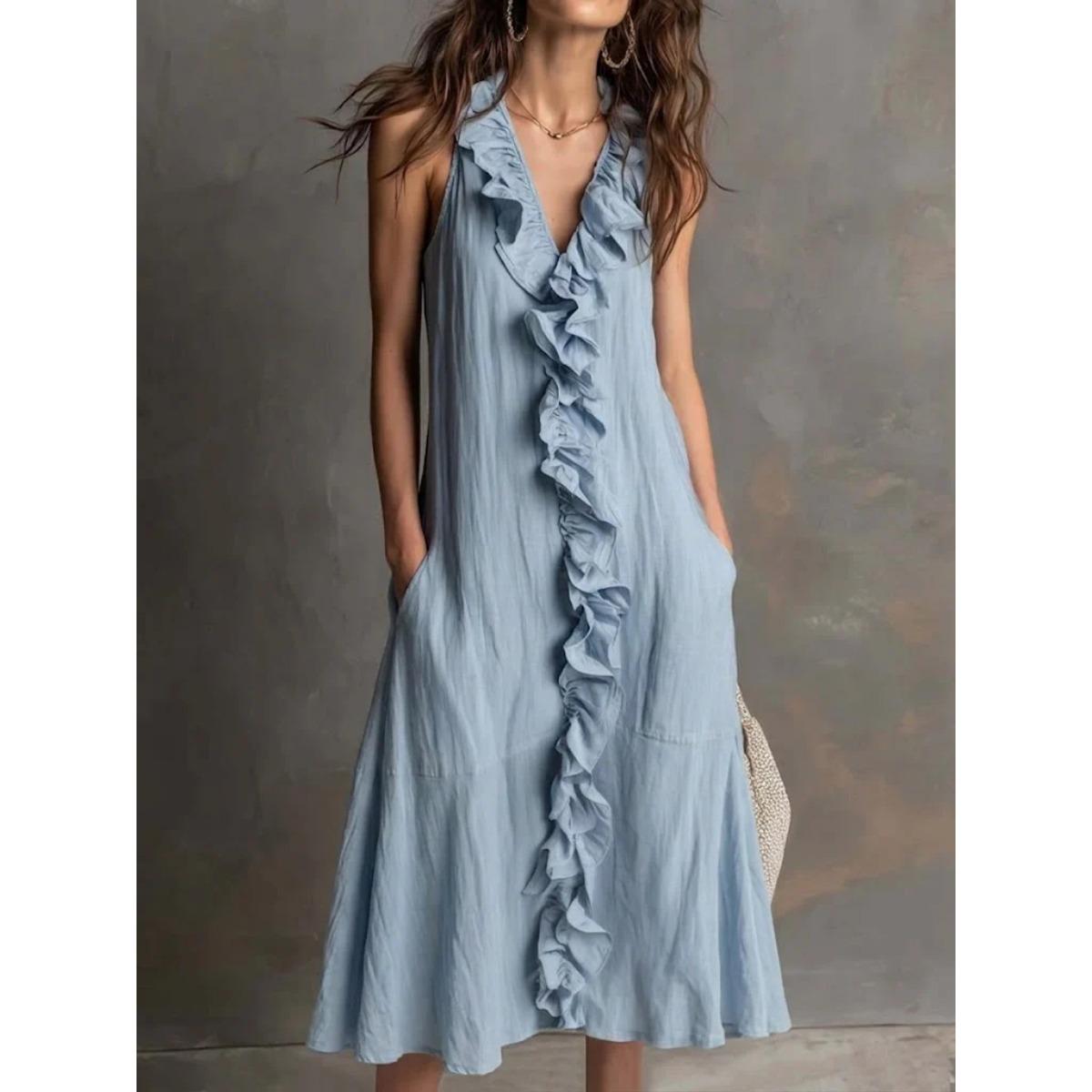 

Spring Summer New Women s Solid Color Sleeveless V-neck Cotton Linen Large Swing Ruffle Hem Dress S небесно-голубой