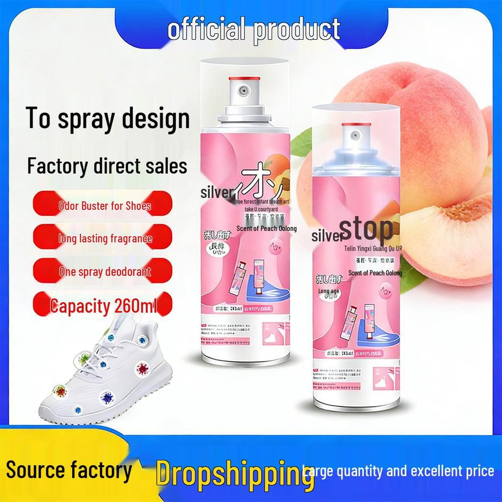White Peach Long-Lasting Shoe Deodorant Spray - Antibacterial Odor Eliminator for Shoes and Socks