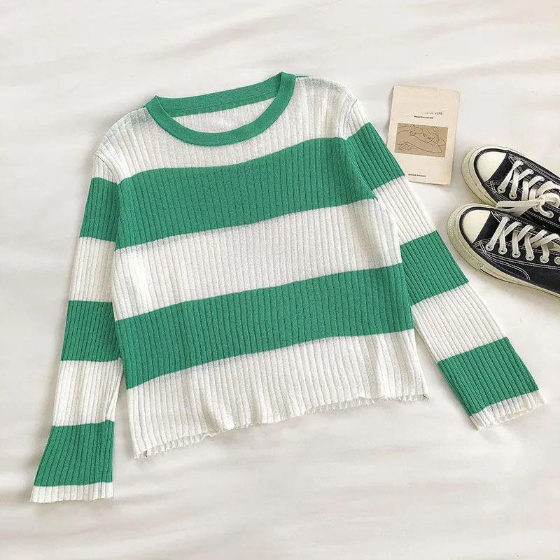 Pruhovaný zkrácený tenký pletený svetr s dlouhým rukávem Dámský ležérní top s kulatým výstřihem Jednoduché spodní tričko Y2k Pulovry Korejská móda