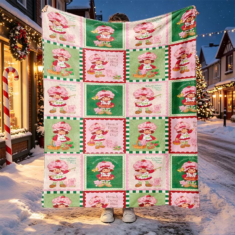 Strawberry Shortcake Pattern Blanket for Home Decoration, Bed, Sofa, Car Travel, Camping, Suitable for All Seasons, Birthday Christmas Gift