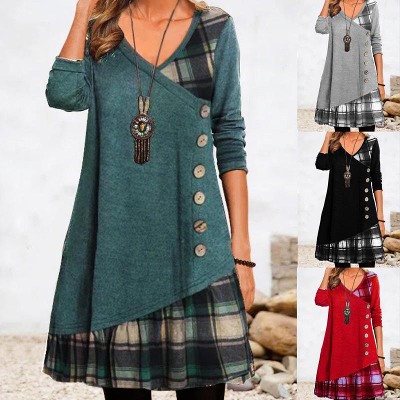 Women's Patchwork Long Sleeve Dress Casual Boho Style Loose Fit Maxi Dress with Floral Print