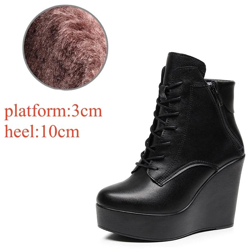 10cm 12cm Small Size 33-43 Fashion Platform Wedges Shoes Women Boots Leather 2025 High Heels Motorcycle Ankle Boots Office Mom