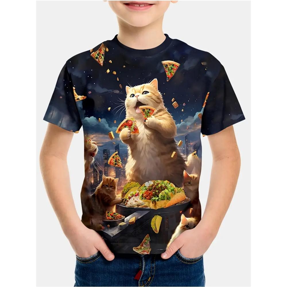 Kids Clothes Summer Short Sleeves Tops 3D Print Cool Cat Graphic T Shirts Outdoor Fashion Street Style Children's Boy's Clothing