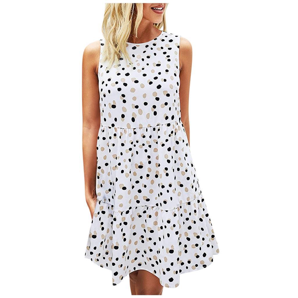 YYFS Vestidos casuales sin mangas con estampado de lunares y cuello redondo a la moda para mujer