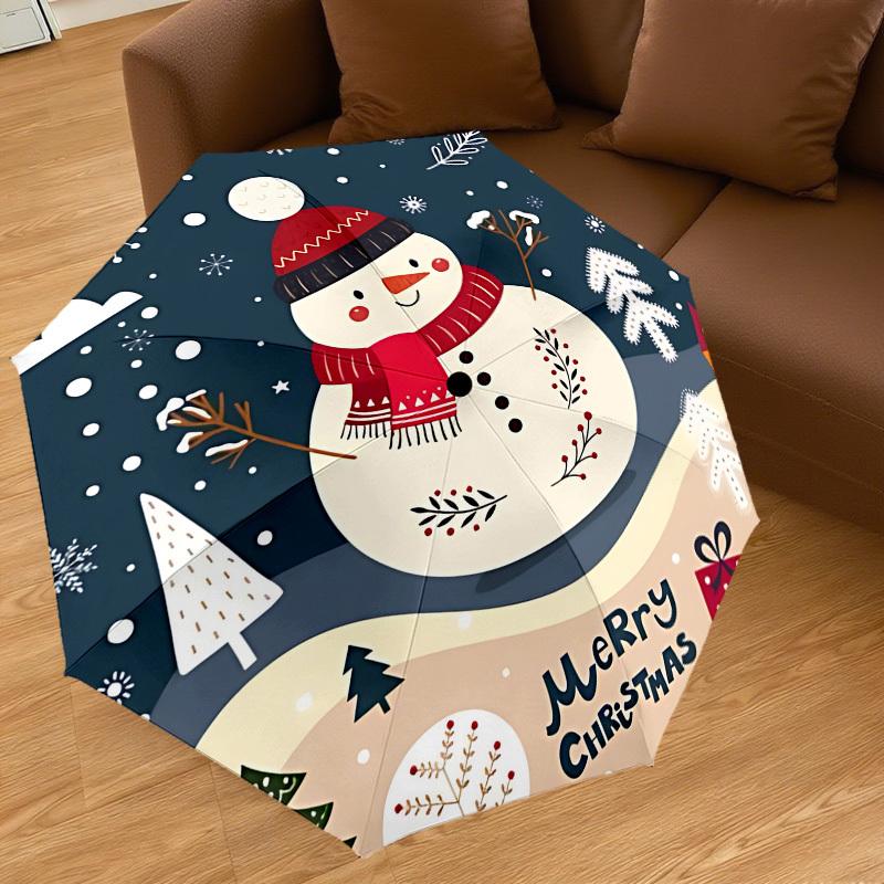 1PC Snowman Merry Christmas Automatic Open/Close Umbrella with Windproof, 8-Rib Sturdy Canopy, Durable Ribs, Fashionable Design,1261