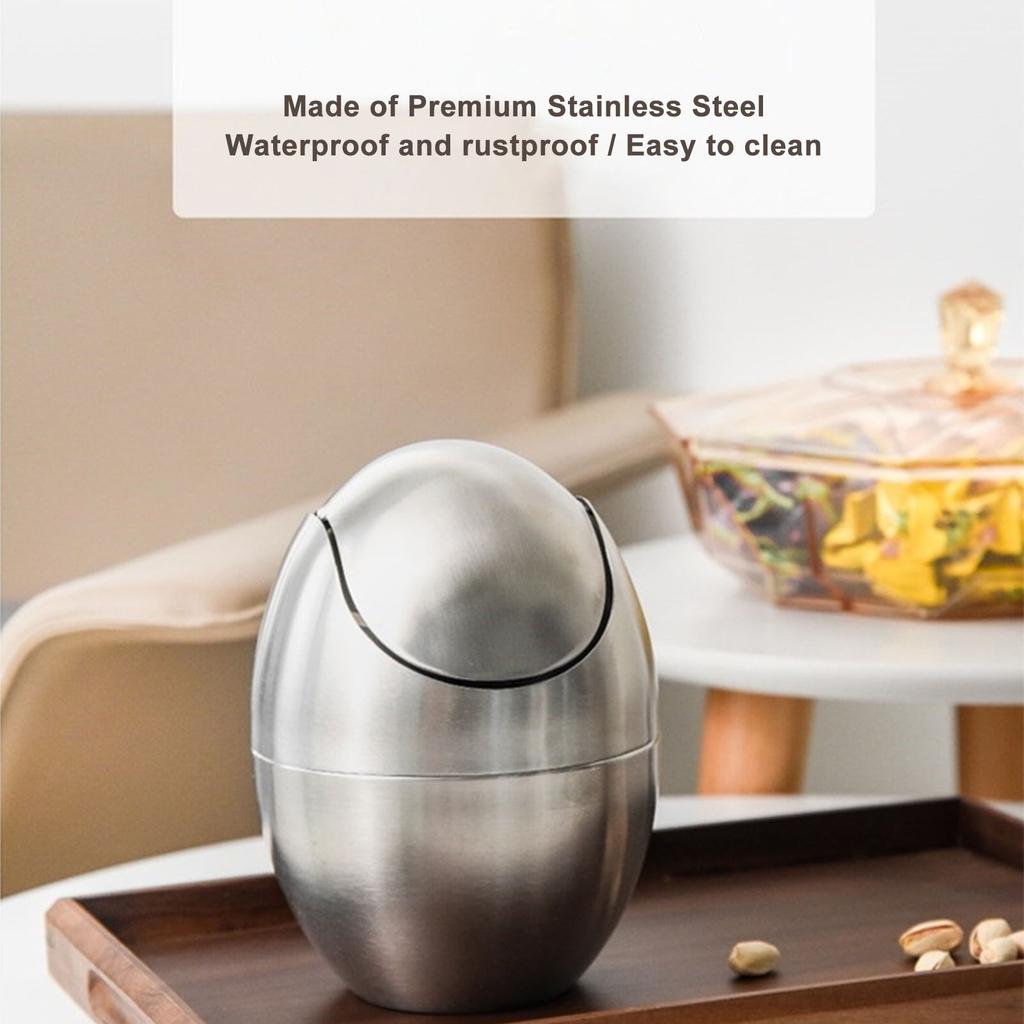 Stationary Trash Can, Egg-Shaped Stainless Steel Space-Saving Countertop Trash Can for Kitchen for Bedroom