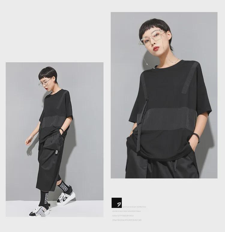 Camiseta de Verano Oscura Patchwork para Mujer Europea y Americana - Cuello Redondo, Corte Holgado, Manga Corta Estilo Trendy