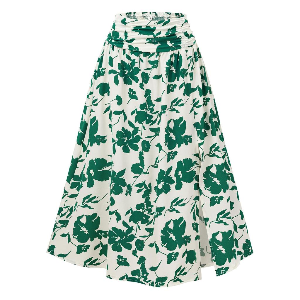 Women Spring Floral Print Skirt Summer Casual A-Line High Waist Middle Long Split Skirts S-XL
