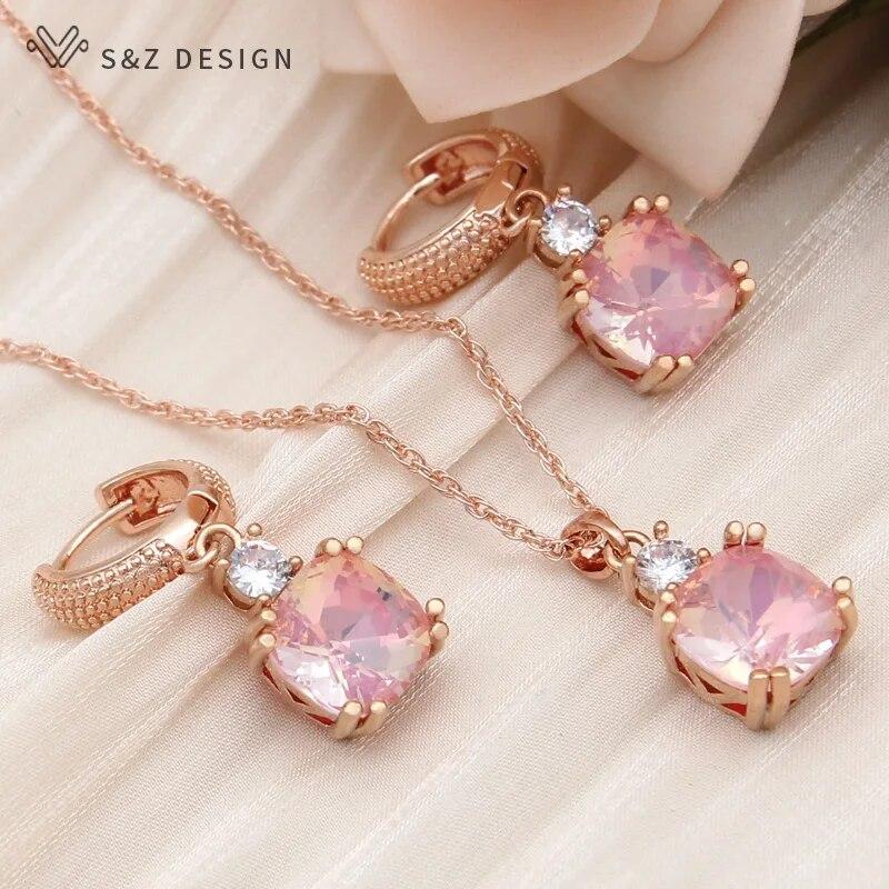 

S & Z DESIGN Новая мода Классические квадратные серьги-капли с кристаллами Комплекты ювелирных изделий для женщин Свадебные ожерелья с подвеской из розового золота 585 пробы