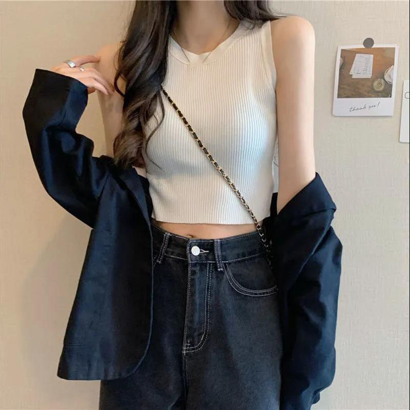 Green Knit Tank Top Sleeveless Short Women's Crop Top Solid Color Inner Wear Outer Skinny Short Vest Korean Fashion