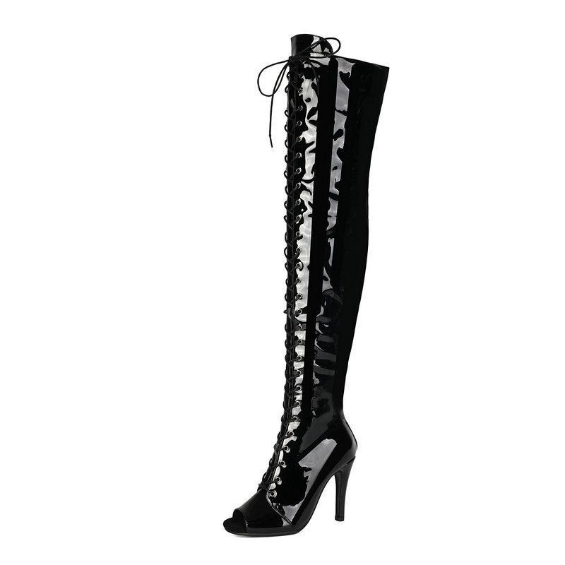 Catwalk Open-Toed Boots Patent Leather Stretch