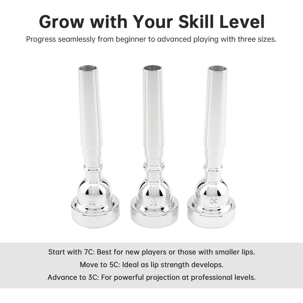 Silver Plated Brass 3pcs Trumpet Mouthpiece Set 3C 5C 7C Includes Brush Cloth EVA Case Professional Beginner Bach Conn King