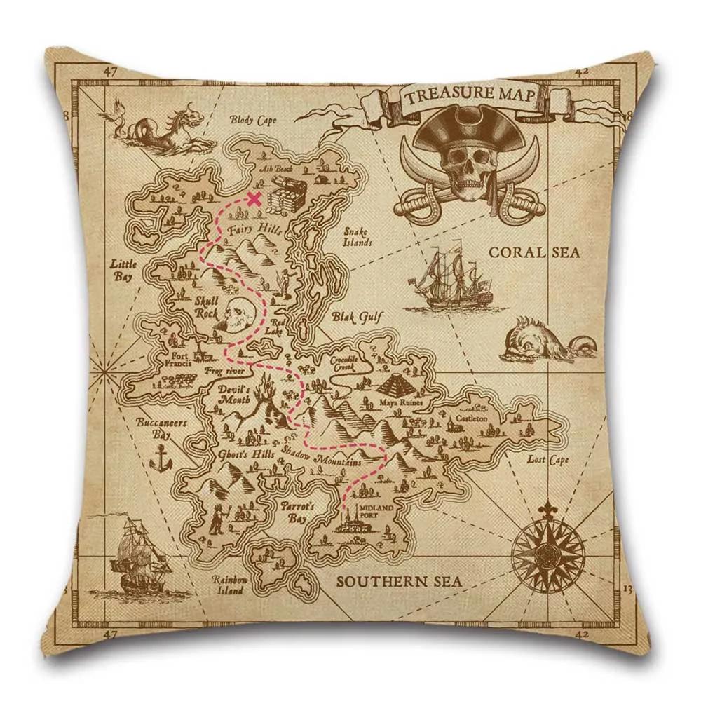 Pirate Treasure Map Magnifier Print Decorative Cushion Cover Polyester Throw Pillow Cover Bedside Cushion Pillowcase 45X45Cm
