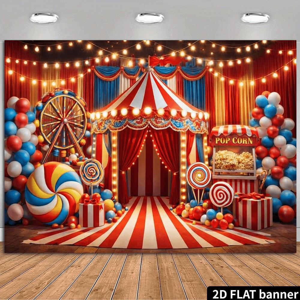 2D Entertainment Carnival Background Scene, Featuring Red and White Striped Tents, Ferris Wheels and Popcorn Machines