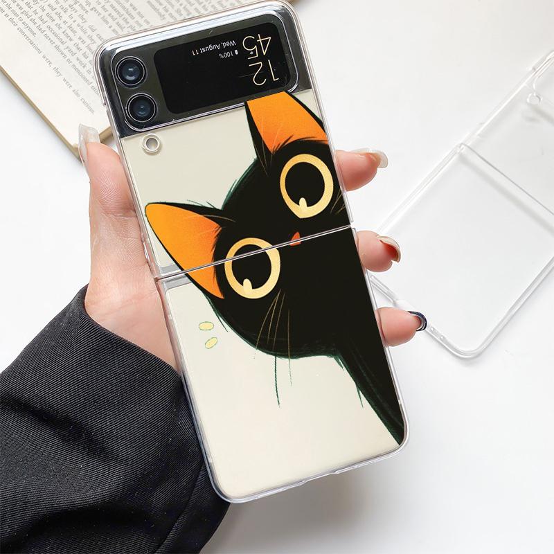 Lovely Cat Playing Fun Fashion Phone Case For Samsung Galaxy Z Flip 3 4 5 6 7 Hard Folding Z Flip4 Clear PC Cover Gift