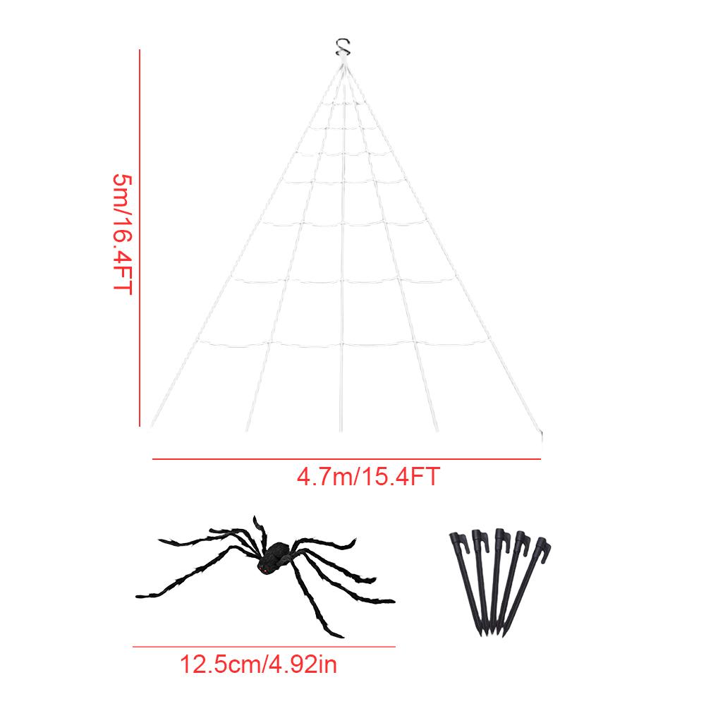 Halloween Triangular Spider Web with 8/6/5 Inch Spider Simulation Giant Spiderweb for Patio Garden Yard Haunted House Decor Prop