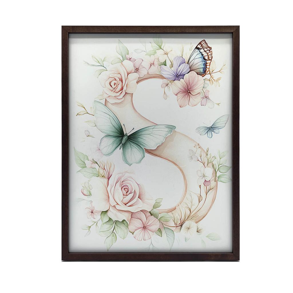Plakat "S" Z Kwiatami I Motylami Plakat "S" Z Kwiatami I Motylami, 50X70 Cm, Rama Drewniana Ciemny Brąz, Papier Matowy 230 Gsm