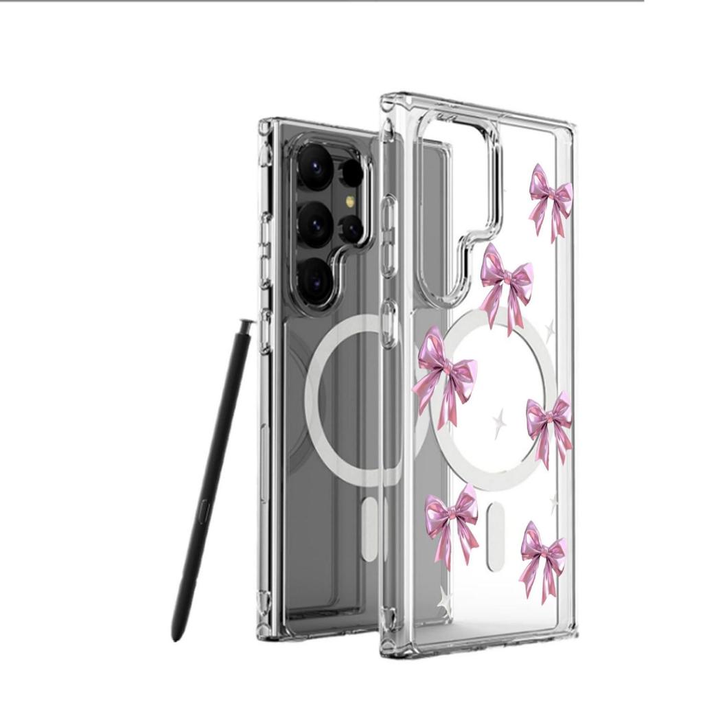 Rosa Schleife Magnetische Transparente Vollabdeckung Hülle für iPhone 15/16/17 Pro Max