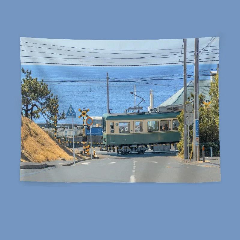 Aesthetic Tapestry Japan Beach Tram Photography Wall Hanging Blue Ocean Summer Style for Bedroom Dorm 100X70CM