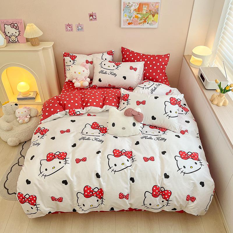 Hello Kitty All-Cotton Cute Cartoon Girl Fitted Sheet & Duvet Set - 4-Pc Dorm Style