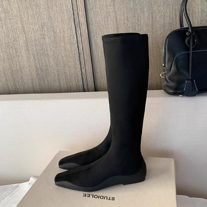 Sheepskin Square Head Tall Boots Women's Knight Boots Flat Bottom Boots Elastic Boots Socks Boots Stacking Boots