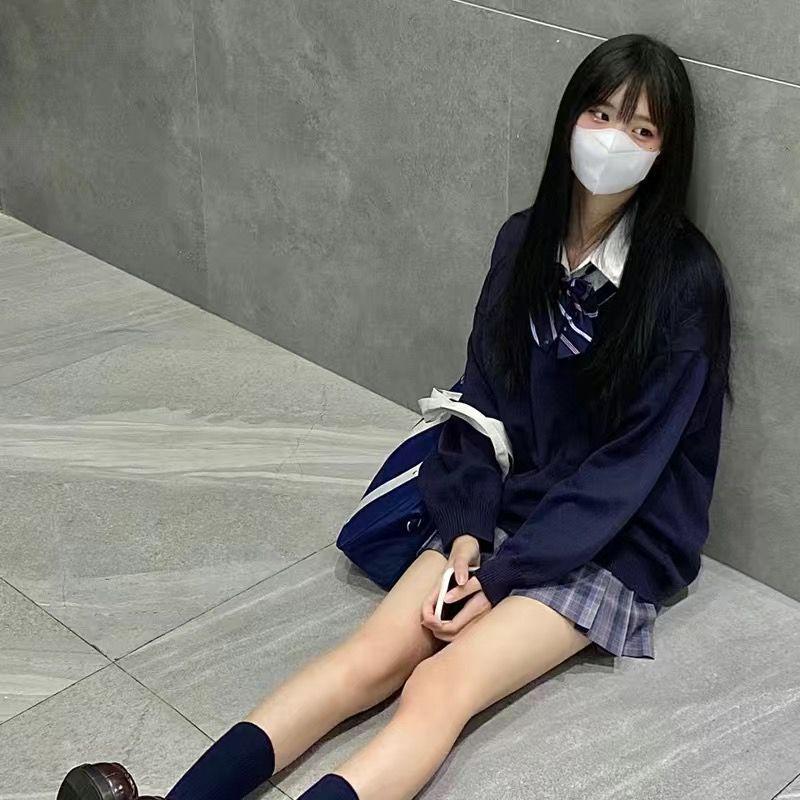 Preppy V-Neck JK Uniform Sweater Set: Autumn-Winter Long-Sleeve Versatile Outerwear for Girls