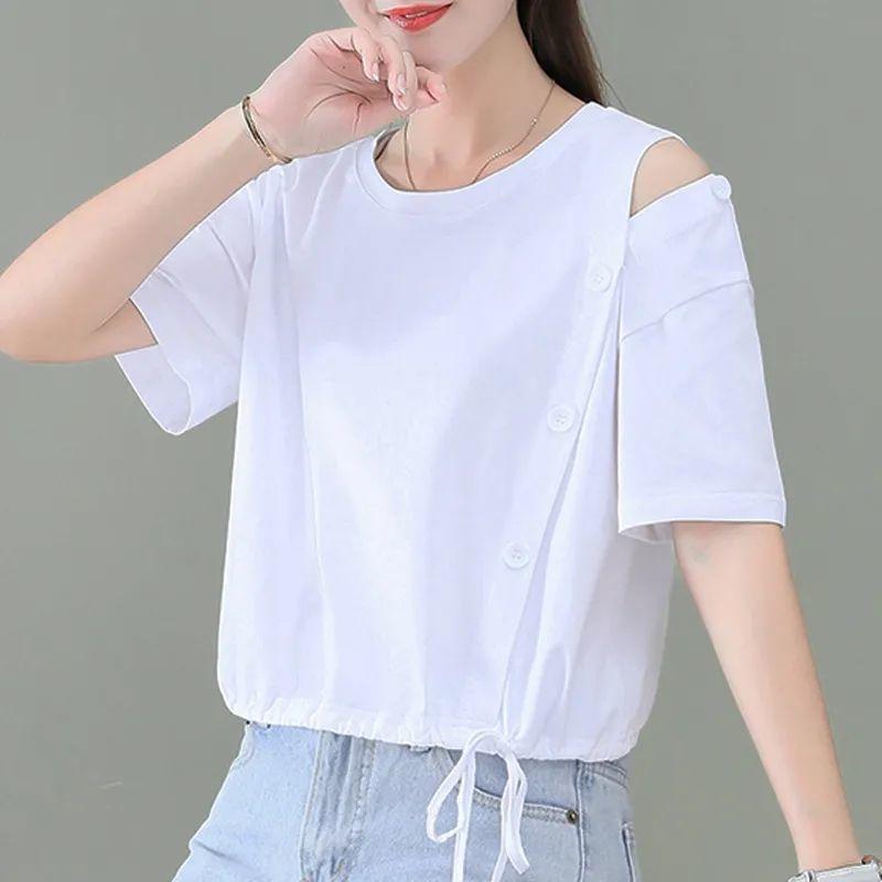 Short Loose Fitting T-shirt Women's Solid Color Summer High Waisted Short Sleeved Off Shoulder Top