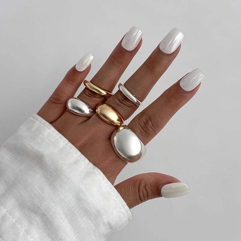 Fashion 6Pcs/Set Smooth Metal Opened Rings for Women Punk Personality Irregular Gold Silver Color Finger Rings Female Jewelry