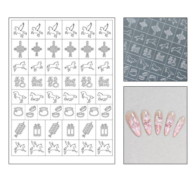 

Fully Transparent Hollow New Year Of The Horse Nail Stickers Spray Painting Stencil Templates Patting Adhesive Auxiliary Tool