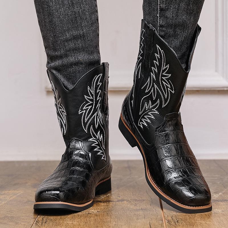 Men's Western Cowboy Boots: Retro Crocodile Pattern Embroidered Leather Knight Boots, Large Size, High Cut