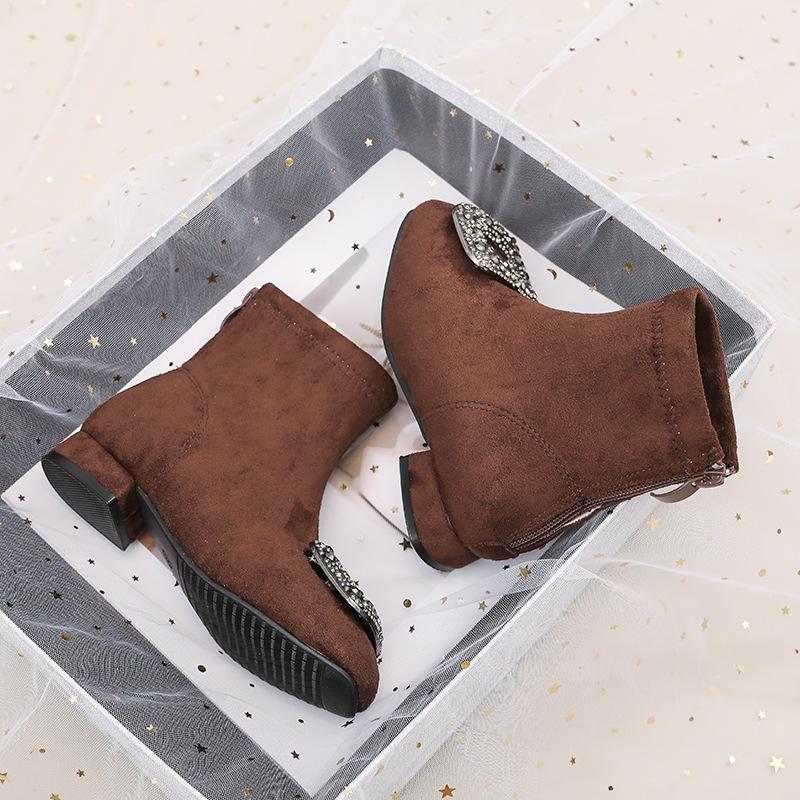 2025 new girls high heels shiny girls square head rhinestone buckle short boots autumn and winter warm temperament suede fashion boots