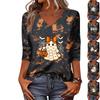 Women's Casual V-Neck Three-Quarter Sleeve Top with Halloween Print
