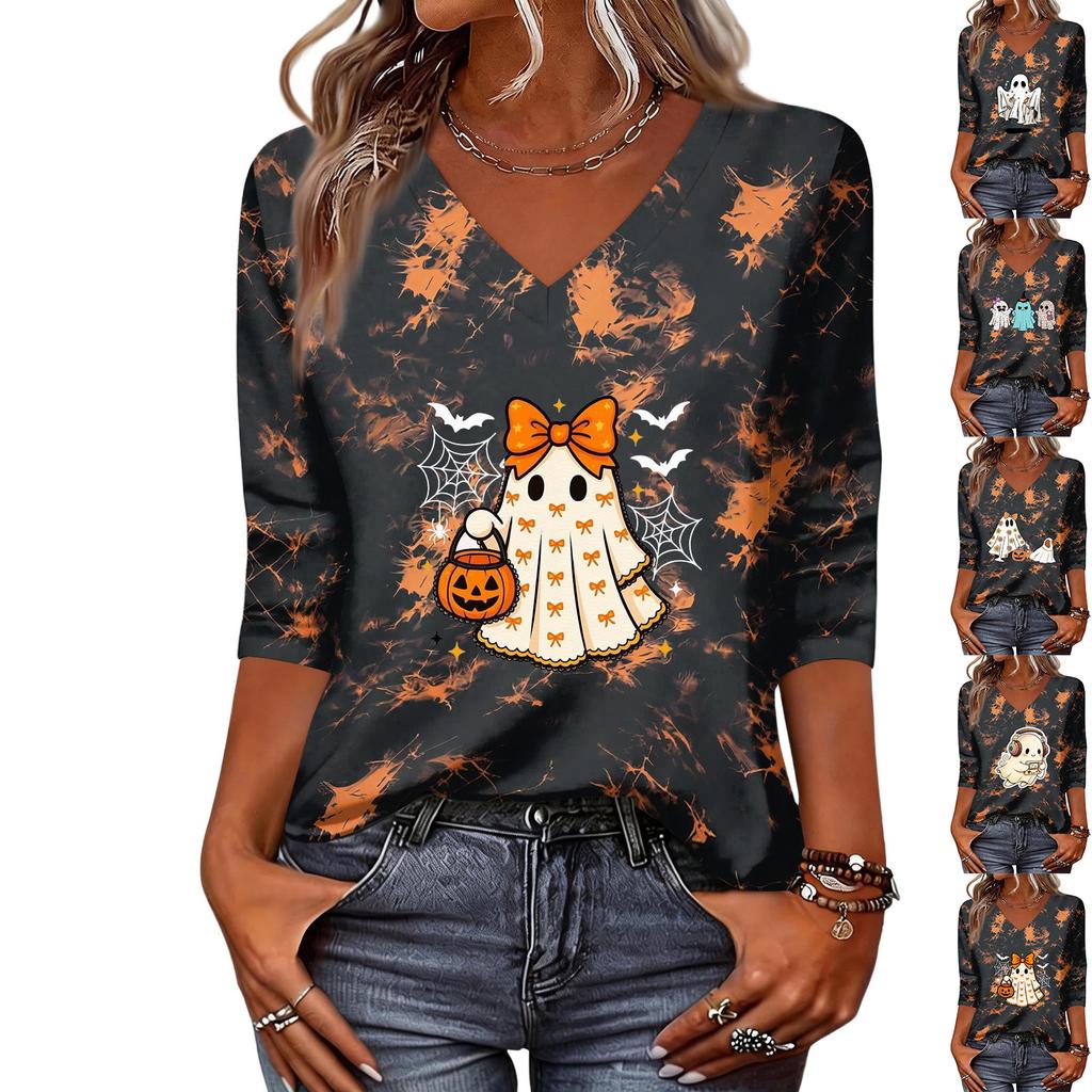 Women's Casual V-Neck Three-Quarter Sleeve Top with Halloween Print