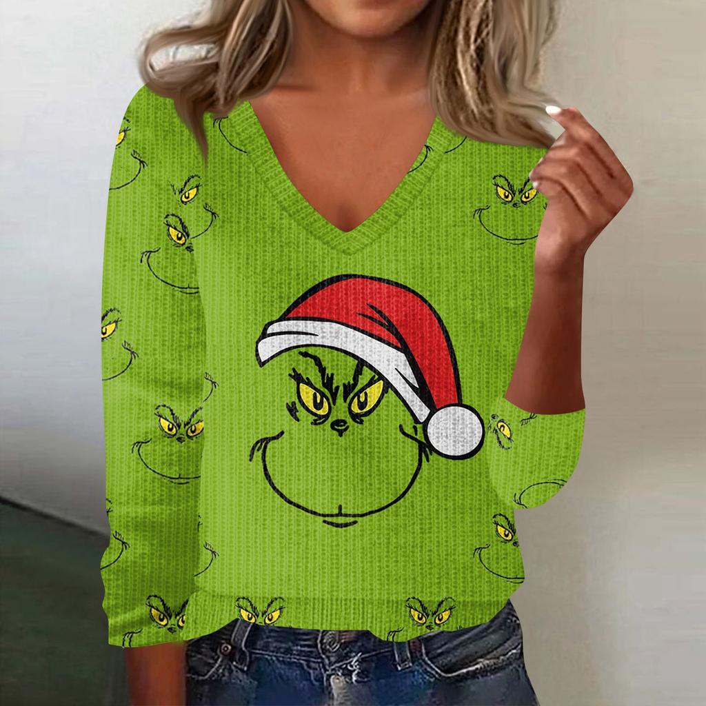 Women's Cute Sweatshirt Knitted Fashion Casual V-neck Long-sleeved  Cozy Print Top