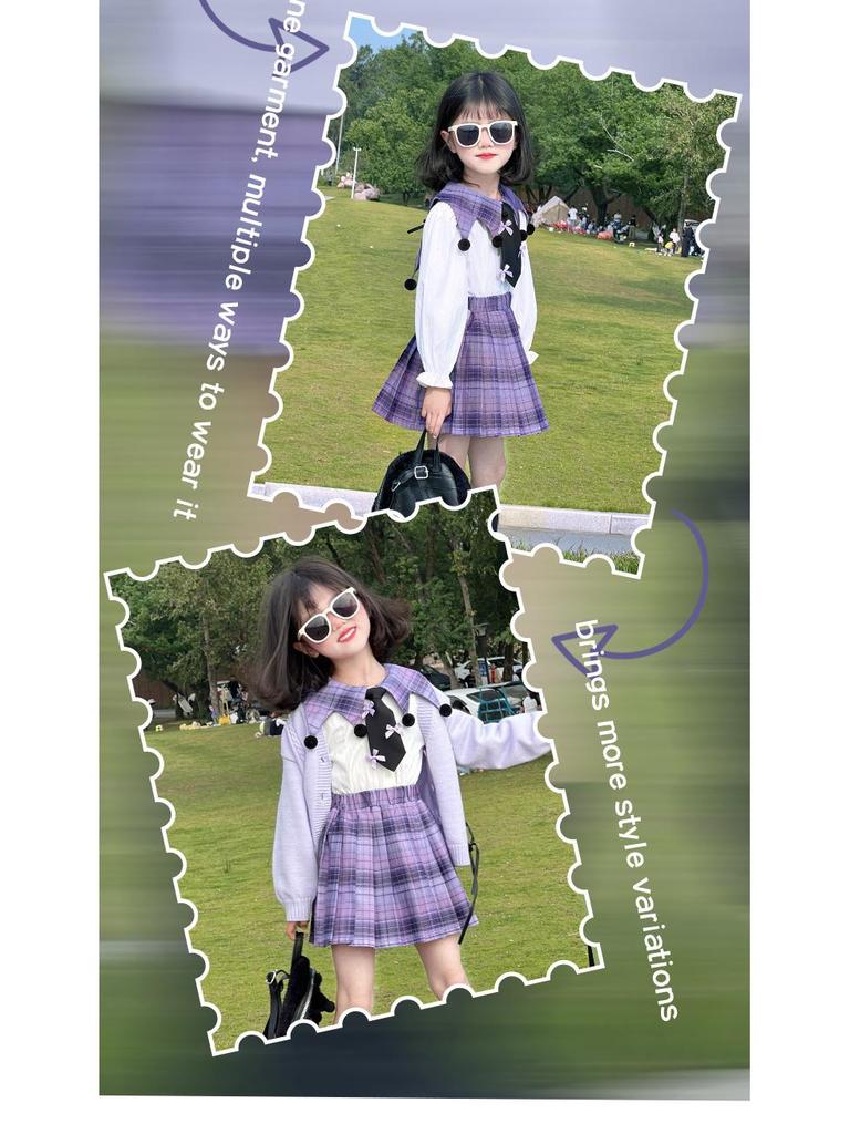 Kuromi School Style Girls' Cosplay Outfit: Sweater, Shirt, Plaid Skirt - Three-Piece Set for Spring/Autumn Performance.