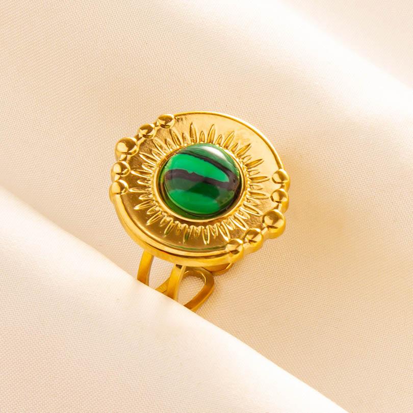 Green Striped Stone Vintage Gold Color Stainless Steel Open Adjustable Rings For Women Men Accessories Finger Jewelry Sun Flower