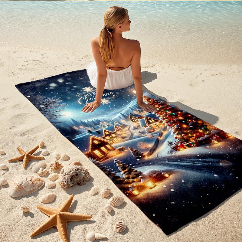 1Pc Christmas Night Scene Beach Towel, Quick Dry, Multi-Use for Beach Pool Gym Yoga Home Travel, Christmas, Halloween, Xmas Gift S365