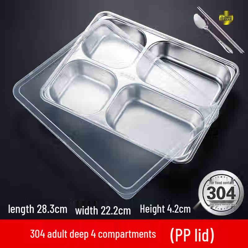 304 Stainless Steel Square 4-Compartment Divided Plate with PP Lid