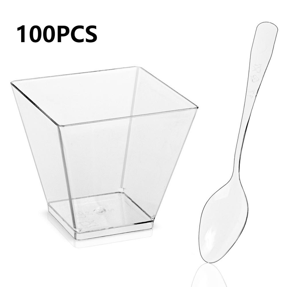 50/100 Pack 60ml Plastic Dessert Cups with/no Lids and Spoons Clear Yogurt Parfait Cups Square Appetizer Cups 2OZ Serving Cups