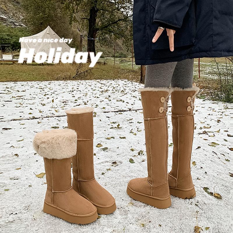 Maillard Big Hair Two Knee Snow Boots 2025 Winter Suede Round Head Northeast Thickened Fur Warm Snow Cotton