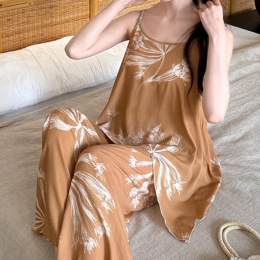 Summer Women's Cotton and Silk Suspender Pajama Set Sleeveless Printed Anti-Bump Homewear with Chest Pad Cotton Silk Two-piece Set